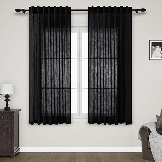 Nanspring Black Linen Textured Curtains for Living Room 60 Inches Long 2 Panels Set Back Tab Rod Pocket for Bedroom Kitchen Short Semi Sheer Light Filtering Protect Privacy Window Drapes W52xL60