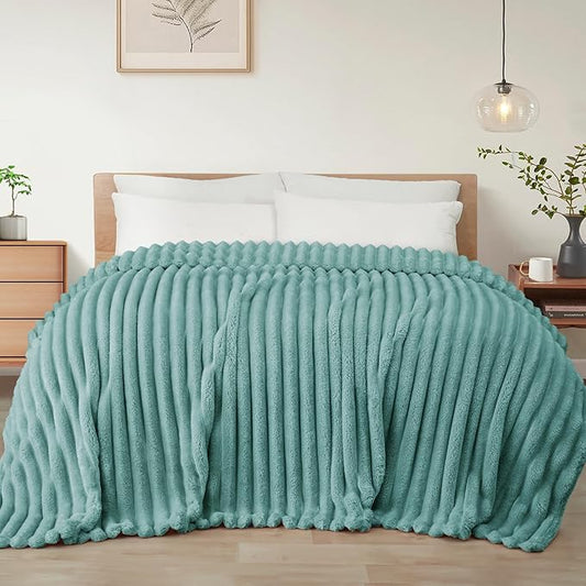 Exclusivo Mezcla King Size Flannel Fleece Blanket, Super Soft Striped Jacquard Bed Blanket, Lightweight Fuzzy Cozy for All Seasons, 90x104 Inches, Celadon