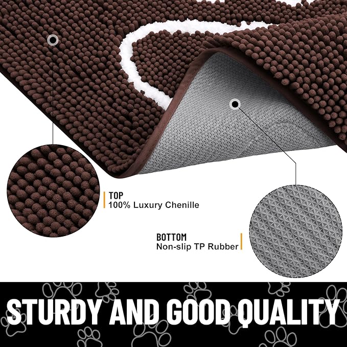 Smiry Dog Door Mat for Muddy Paws, Absorbent Dirt Trapper Non Slip Quick Dry Washable Chenille Mat for Mud Dogs, Entry Rug for Indoor and Outdoor (47x20 Inches, Brown and White)