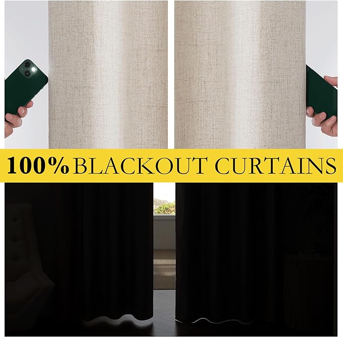 NICETOWN Oatmeal Vintage Open Linen Weave Flax Thermal Curtains, 100% Blackout Curtains 72" Long for Dining Room, Soundproof Window Treatment Drapes for Gym Room, 42" Wide Per Panel, Set of 2