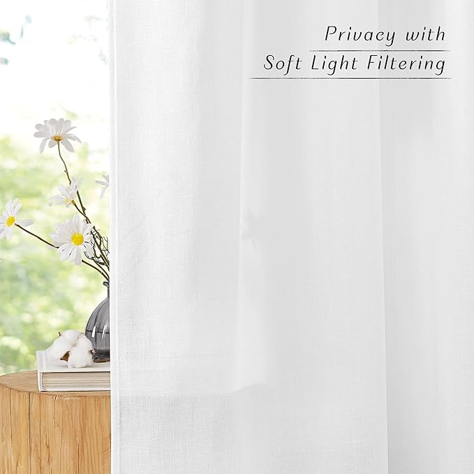 NICETOWN Linen Flax Semi Sheer Curtains 94" Length, Grommet Window Treatments Privacy Added with Light Penetration Vertical Drapes for Loft/Home Office, White, W55 x L94, 2 Panels