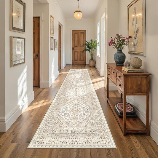 Carpet Runners for Hallway 12ft, Non-Slip Long Bathroom Rugs Runner for Kitchen, Living Room, Soft Vintage Washable Rug for Entryway, Thin Floor Mat for Dining Room(Cream/Beige,2.5'x12')