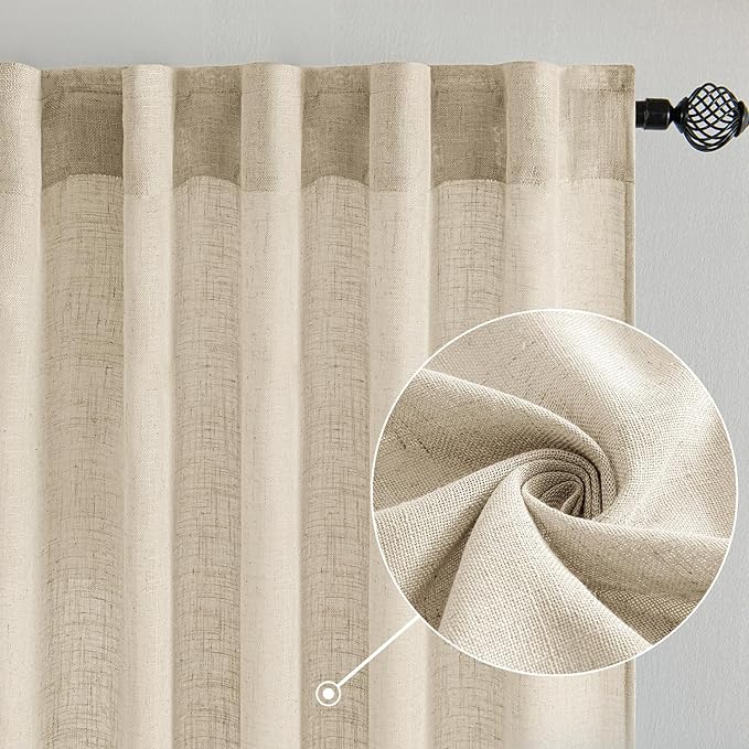 MIULEE Linen Curtains 63 Inch Length 2 Panels for Bedroom Living Room, Soft Thick Linen Textured Back Tab Kitchen Window Drapes Semi Sheer Light Filtering Rod Pocket Modern Farmhouse Decor