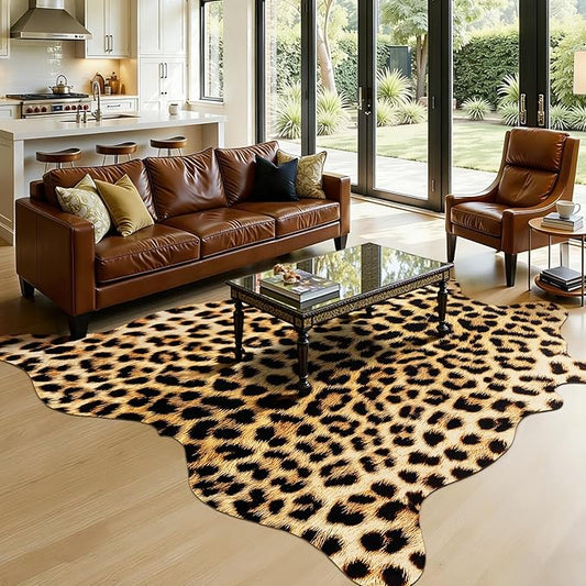 AROGAN 5.2 x 6.2 Ft Faux Leopard Rug, Premium Animal Skin Cheetah Hide Rug, Sturdy Cheetah Print Rugs for Wall Decor, Western Floor Carpet Decor for Bedroom Living Room, Black and Gold