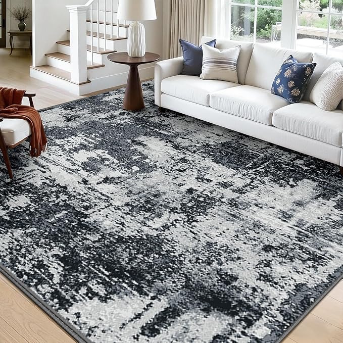 Washable Area Rugs 7x10 Non-Slip Modern Abstract Soft for Living Room Entryway Bedroom Nursery, Print Pattern, Black Navy Blue Gray