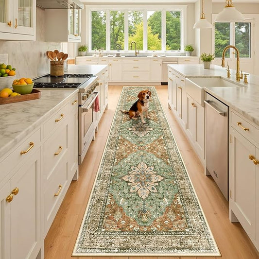 Area Rugs 3'x10' Runner Rug Non Slip Washable for Kitchen Hallway Bedroom Beside Laundry Room Bathroom Rug, Floor Carpet, Brick Red Rust Neutral Brown Burnt Orange Green