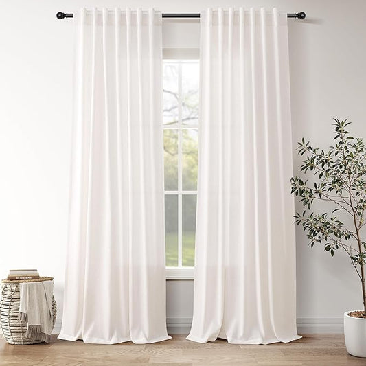 Ivory White Linen Curtains 90 inch for Living Room Back Tab Rod Pocket Semi Sheer Cotton Textured Gauze Curtain Modern Farmhouse Coastal Decor 90 inches for Dining Room Office