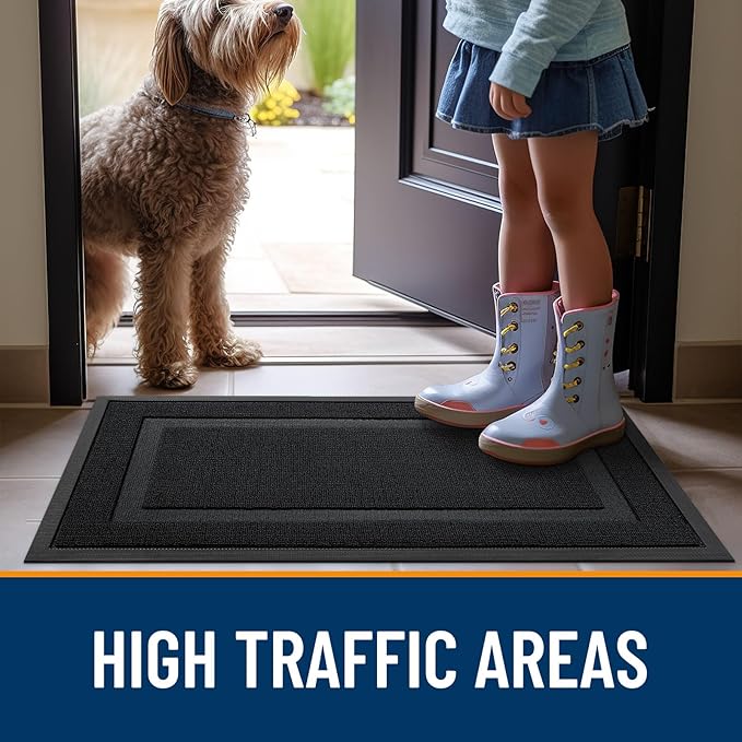 OLANLY Front Door Mat Indoor Outdoor Entrance, Waterproof All-Season, All-Weather Doormat, Sturdy Natural Rubber, Low Profile, Easy Clean Patio Porch Entryway Mat, 47x17, Jet Black