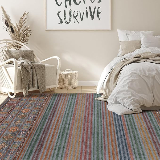 Nakagishi 7X9 Area Rugs Living Room: Washable Large Vintage Rug Neutral Non-Slip Soft Stain Resistant Indoor Carpet for Bedroom Nursery Dining Room Office Playroom - Multi Color