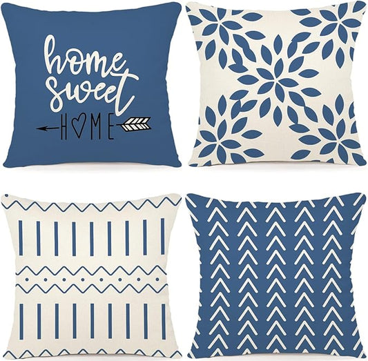 YCOLL Pillow Covers 18x18 Set of 4, Modern Sofa Throw Pillow Cover, Decorative Outdoor Linen Fabric Pillow Case for Couch Bed Car，Light Blue