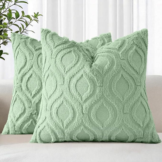 decorUhome Throw Pillow Covers 24x24 Inch Set of 2, Soft Plush Faux WoolSage Green Solid Couch Pillow Covers, Accent Euro Sham Farmhouse Neutral Square Pillow Cases for Sofa Bed Living Room