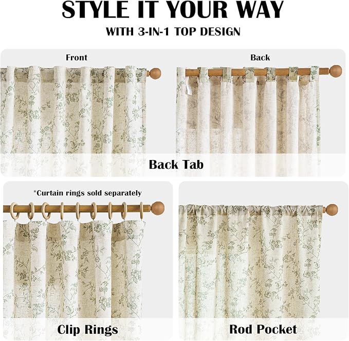 Lazzzy Farmhouse Linen Curtains Green Floral Curtains 96 Inch Length Back Tab Drapes for Living Room Bedroom Light Filtering Country Vintage Rod Pocket Curtain, 2 Panels, Green on Beige
