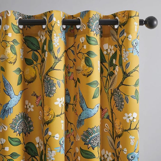 94 Inches Long Custom Satin Window Treatments,Retro Art Deco Floral Hummingbird Patterned Pretty Elegant Mustard Yellow Light Blocking Grommet Curtains Two Pages Curtains for Bedroom Playroom Room