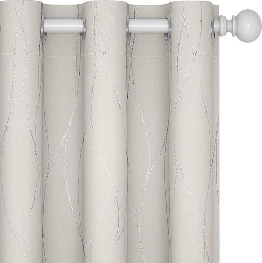 Deconovo Beige Blackout Curtains, Room Darkening Curtain, Thermal Insulated Soundproof Drapes, Silver Wave Dots Print, 38 x 90 Inch, Machine Washable Window Panels for Living Room Bedroom, Set of 2