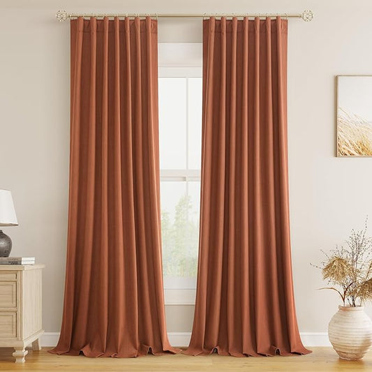Guken Terracotta 100% Blackout Curtains 84 Inch Length 2 Panels Set Fall Curtains for Living Room Bedroom Back Tab Thermal Insulated Black Out Linen Drapes，52x84