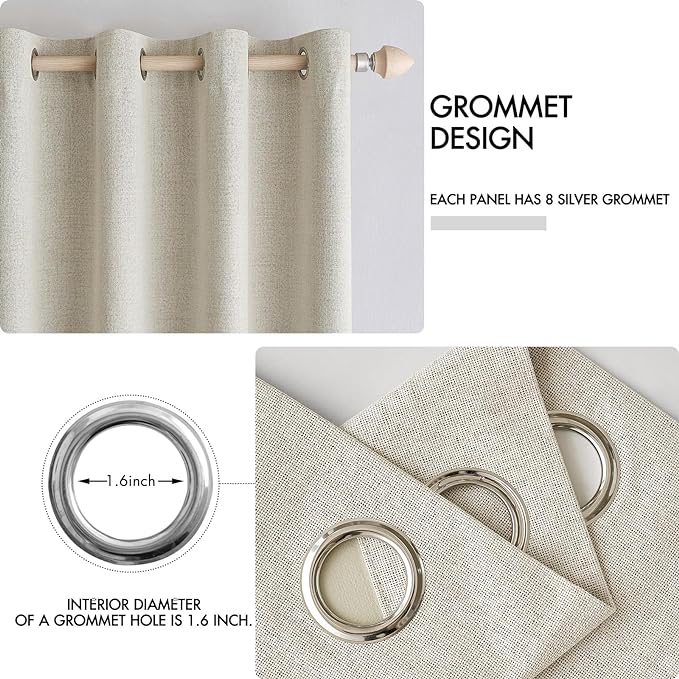 MIULEE 100% Blackout Linen Textured Curtains for Bedroom Solid Thermal Insulated Cream Grommet Room Darkening Curtains & Drapes Luxury Decor for Living Room Nursery 52 x 96 Inch (2 Panels)