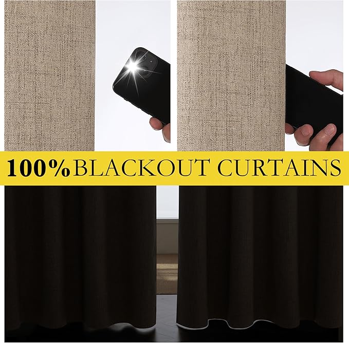 NICETOWN Burlap Vintage Open Linen Weave Flax Thermal Curtains, 100% Blackout Curtains 63" Long for Dining Room, Soundproof Window Treatment Drapes for Dorm Room, 62" Wide Per Panel, Set of 2