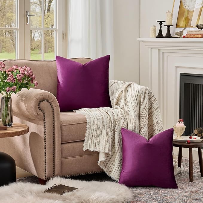 GIGIZAZA Decorative Throw Pillow Covers 16x16,Set of 2 Purple Square Couch Pillow Covers,Velvet Sofa Boho Cushion Pillows