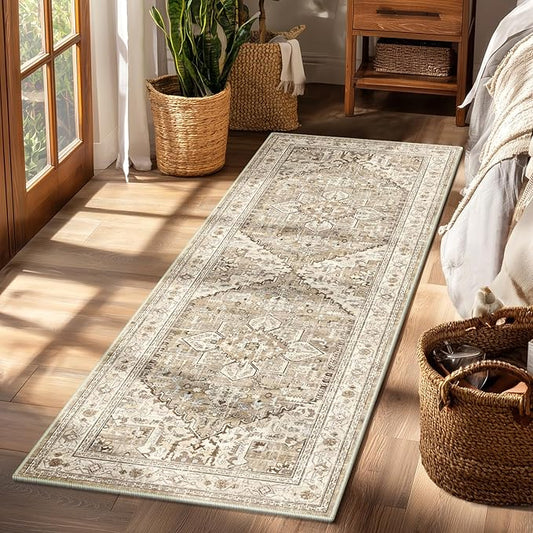 Yamaziot Washable Runner Rug, 2x6 Non-Slip Boho Vintage Hallway Rug Runner with Rubber Backing, Stain Resistant Faux Wool Distressed Carpet Runner for Kitchen, Laundry, Entrance, Beige Brown