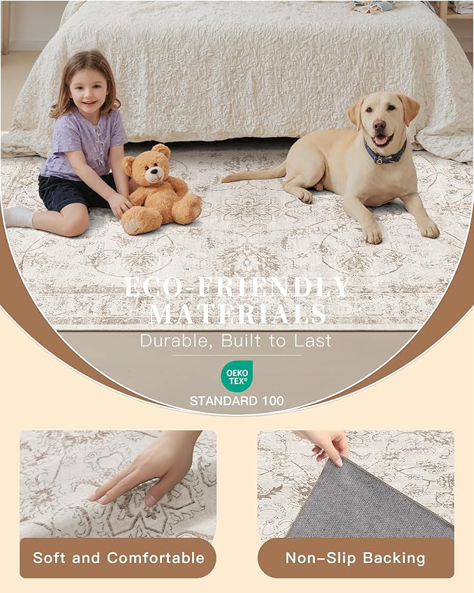 Madane 8x10 Area Rugs for Living Room, Machine Washable Vintage Rug with Non-Slip Backing, Soft Floral Print Large Throw Rugs, Thin Carpet for Bedroom Dining Room Farmhouse (8 x 10, Brown/Ivory)