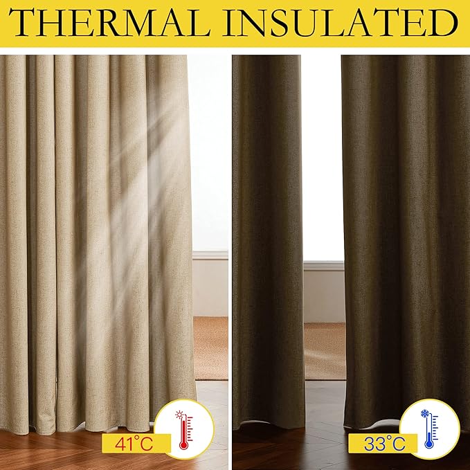 NICETOWN 100% Blackout Camel Linen Curtains 102 inches Length with Thermal Insulated Liners, 2 Panels, 62 inches W, Farmhouse Style Room Cooling Small Window Draperies for Dining Room