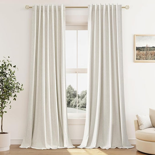 Guken Cream 100% Blackout Curtains 144 Inch Length 2 Panels Set for Living Room Bedroom Back Tab Thermal Insulated Black Out Linen Drapes Room Darkening Window Curtains