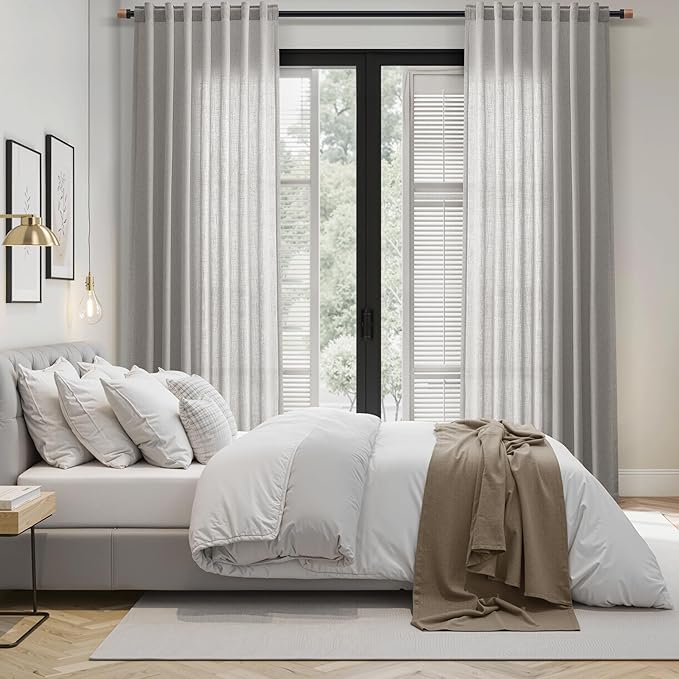 Nanspring Light Gray Linen Curtains 90 Inches Long for Living Room Simple Modern Farmhouse Linen Coastal Decor Back Tab Rod Pocket Light Filtering Semi Sheer Grey Curtain for Bedroom 52x90, 2 Panels