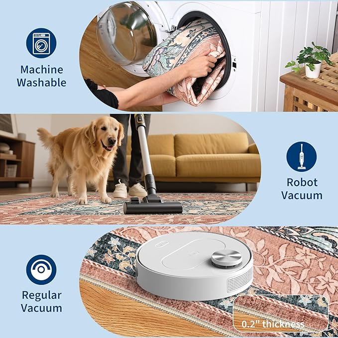 GarveeHome Terracotta Teal Washable 5x7 Area Rugs, Botanical Grove Vintage Cottage core Non-Slip Rug for Bedroom Living Room Nursery Kitchen Low-Pile Retro Carpet