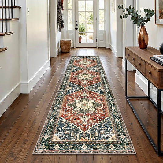 Yamaziot Washable Runner Rug, 2x8 Non-Slip Boho Vintage Hallway Rug Runner with Rubber Backing, Stain Resistant & Low Pile Faux Wool Distressed Carpet Runner for Kitchen, Laundry, Entrance, Brick Red