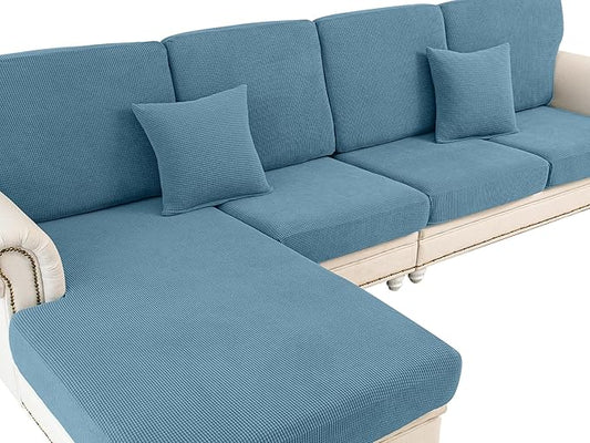 Couch Cushion Covers for Sectional Sofa L Shape Washable Separate Seat Chaise Couch Cover Stretch Sofa Slipcovers with 2 Pcs Pillowcases(3 Seater + 1 Chaise, Blue)