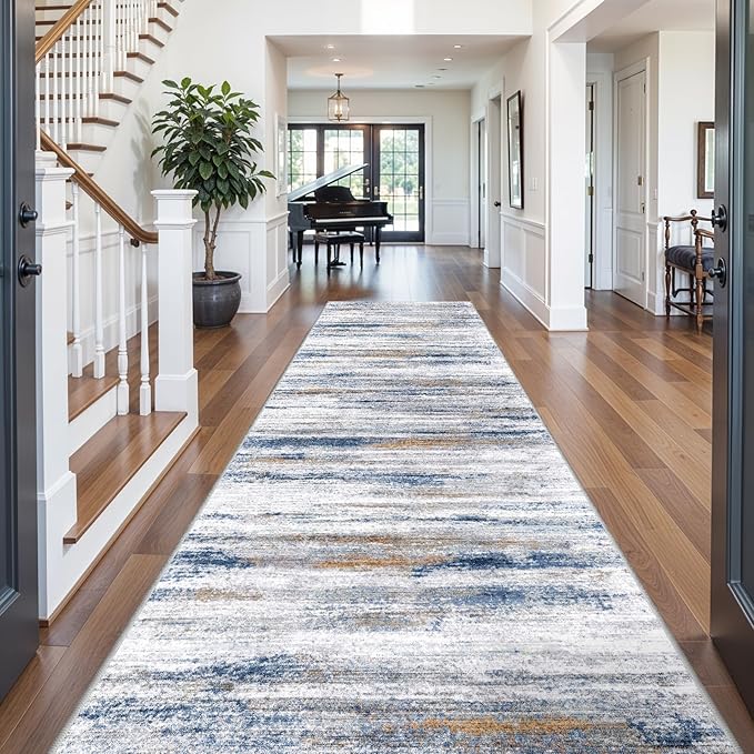 Large Runner Rugs for Hallway 4x18: Non-Slip Washable Wide Carpet - Soft Low-Pile Stain and Spill Resistant Rug for Entryway Living Room Dining Room Balcony Garage Office Navy Grey