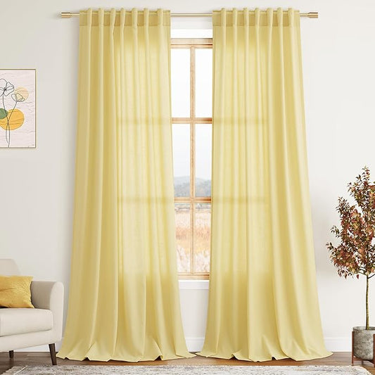 Yellow Linen Semi Sheer Curtains 108 Inches Long 2 Panels Set Back Tab Loop Pocket Linen Blend Boho Decor Large Window Curtain Extra Long Light Filtering Drapes High Ceiling for Living Room 52x108