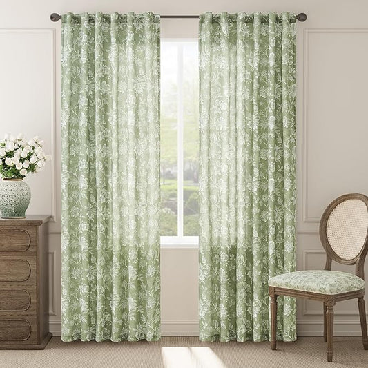 jinchan Linen Floral Curtains for Living Room with Printed Flower 84 Inches Long Light Filtering French Country Back Tab Rod Pocket Sage Green Window Curtain Set Farmhouse Drapes 2 Panels