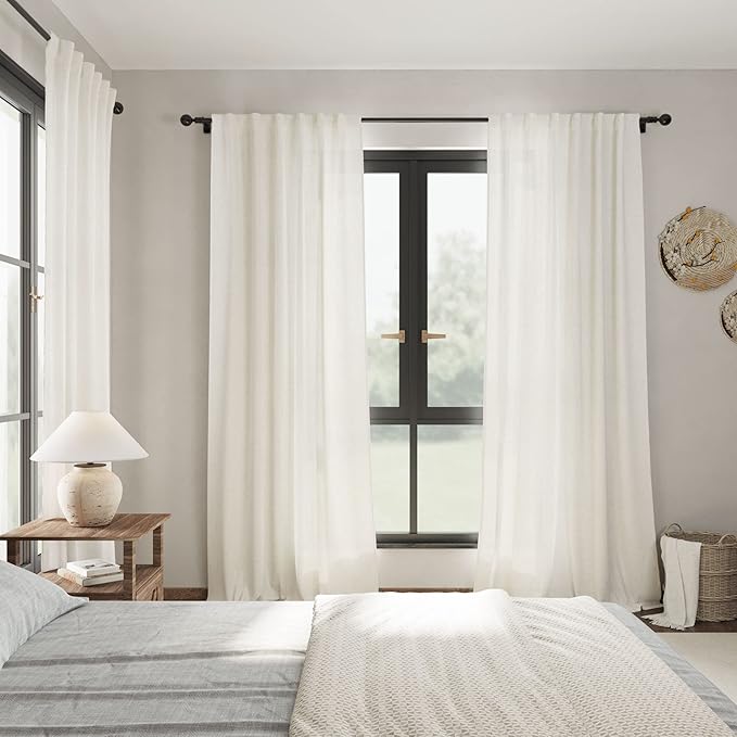 Linen Light Filtering Curtains 96 Inches Long 2 Panels Long Cream Semi Sheer Linen Blended Window Curtains Back Tab Rod Pocket Natural Cream Rustic Farmhouse Drapes for Living Room Bedroom 60x96