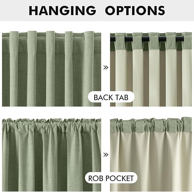 MIULEE 100% Blackout Linen Curtains for Bedroom, Sage Green Solid Luxury Decor Thermal Insulation Room Darkening Drapes for Living Room Nursery Back Tab Rod Pocket 42 x 72 Inches, 2 Panels