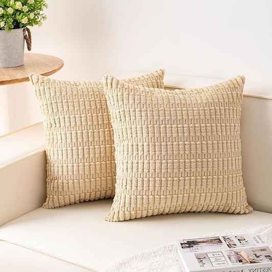 Pack of 2 Corduroy Decorative Throw Pillow Covers 18x18 InchSoft Boho Striped Pillow Covers Modern Farmhouse Home Decor for Sofa Living Room Couch Bed(Beige)