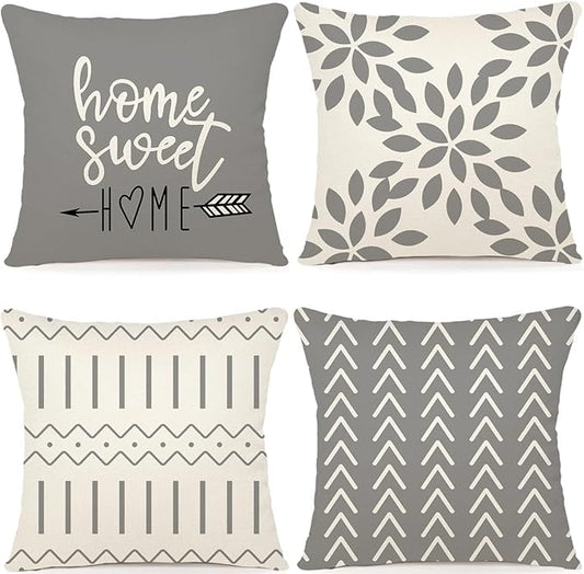 YCOLL Pillow Covers 18x18 Set of 4，Modern Sofa Throw Pillow Cover, Decorative Home Outdoor Linen Fabric Geometric Pillow Case for Couch Bed Car，Gray