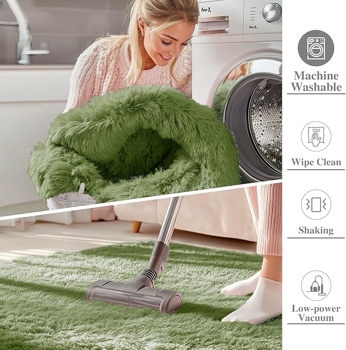 OLANLY 3x5 Machine Washable Small Bedside Rug, Soft Fluffy Shaggy Rugs for Living Room, Bedroom, Indoor Floor Carpet for Kids Girls and Boys, Preppy Dorms, Nursery, Home Decor Aesthetic, Green
