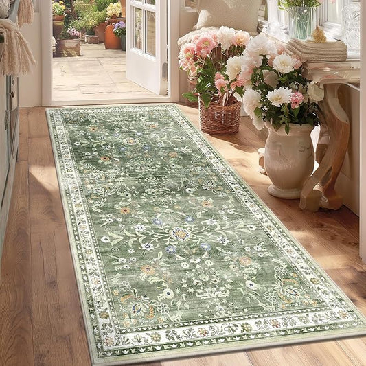 Yamaziot Washable Runner Rug 3x6 – Floral Non Slip Boho Hallway Runner Rug with Rubber Backing, Low Pile Faux Wool Distressed Carpet for Kitchen, Laundry, Bedroom, Entrance, Green