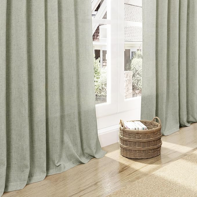 Extra Wide 100x96 Inch Linen Curtains for Living Room Divider Light Filtering Semi Sheer Patio Curtains for Sliding Door Sage Green Coastal Decor Sunroom Floor to Ceiling Window Curtain Panel