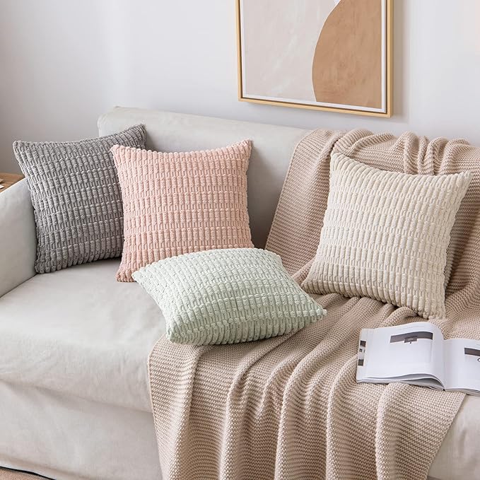 MIULEE Pack of 2 Spring Corduroy Decorative Throw Pillow Covers 16x16 Inch Soft Boho Striped Pillow Covers Modern Farmhouse Home Decor for Summer Sofa Living Room Couch Bed Light Green