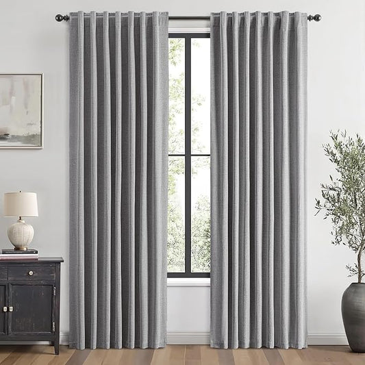 MIULEE 100% Blackout Linen Curtains for Bedroom, Glacier Gray Solid Luxury Decor Thermal Insulation Room Darkening Drapes for Living Room Nursery Back Tab Rod Pocket 42 x 90 Inches, 2 Panels