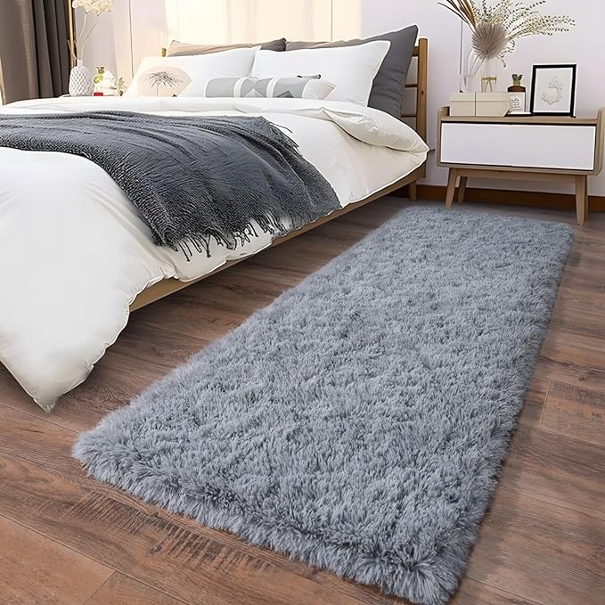 Soft Runner Rugs for Bedroom Hallways, 2 Packs 2x6 Grey Fluffy Shag Throw Area Rug Non Slip for Bedside Dorm, Long Shaggy Furry Carpet for Nursery Living Room