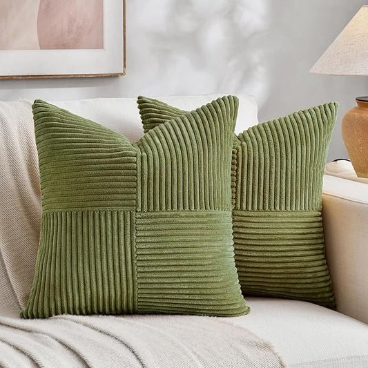 Fancy Homi 2 Packs Moss Green Decorative Throw Pillow Covers 22x22 Inch for Living Room Couch Bed Sofa, Farmhouse Boho Home Decor, Soft Corss Corduroy Patchwork Accent Square Cushion Case 55x55 cm