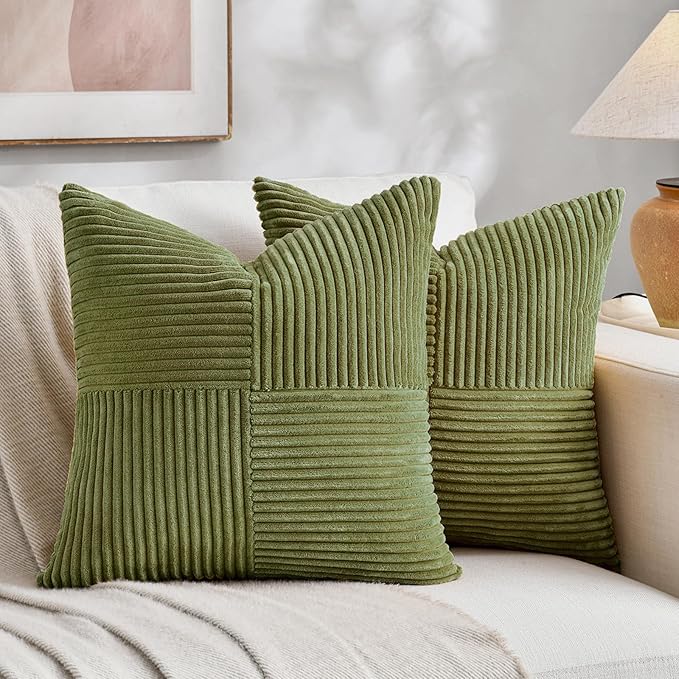 Fancy Homi 2 Packs Moss Green Euro Decorative Throw Pillow Covers 28x28 Inch for Bedroom Couch Bed, Farmhouse Boho Home Decor, Soft Corss Corduroy Patchwork Textured Square Cushion Case 71x71 cm