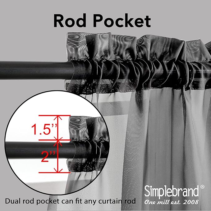 Simplebrand Black Sheer Curtains 108 Inches Long, Extra Long Rod Pocket Solid Color Window Sheer Curtain Panels, Elegant Curtains & Drapes for Living Room, Bedroom 2 Panels (Black, 42" W x 108" L)