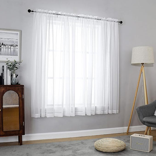 Chyhomenyc White Sheer Curtains 54 Inch Long 2 Panels Set, Short Voile Rod Pocket Drapes for Dinning Small Windows Bathroom Living Room Bedroom, Each 42Wx54L in, 2PCS, White