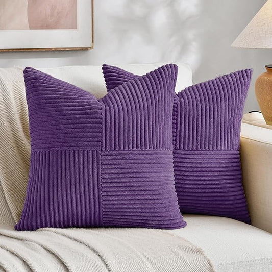 Fancy Homi 2 Packs Purple Big Decorative Throw Pillow Covers 24x24 Inch for Living Room Couch Bed, Farmhouse Boho Home Decor, Soft Corss Corduroy Patchwork Accent Square Cushion Case 60x60 cm