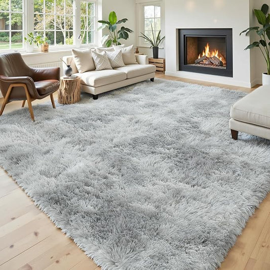 Area Rugs 10x14 Living Room, Shaggy Carpet Soft Plush Furry Bedside Rug Large Area Rugs for Bedroom Kids Girls Boys Home Decor Anti Slip(10 x 14, Light Grey Tie-Dyed)