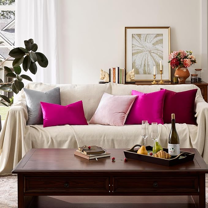 GIGIZAZA 12x20 Hot Pink Pillow Covers Velvet Lumbar Pillow Decorative Throw Pillows Couch Sofa Covers Bedroom Set of 2